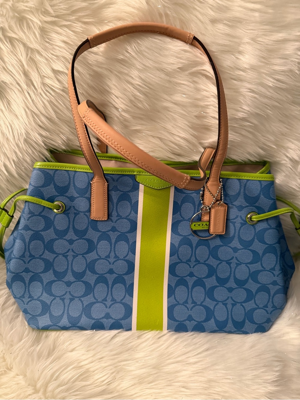 Coach Blue Signature Stripe Tote with Lime Accent and Tan Handles